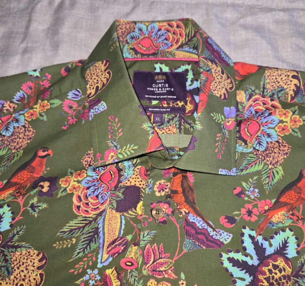 Curtis XL Olive Green Floral & Parrot Print Men's Button-Down Shirt